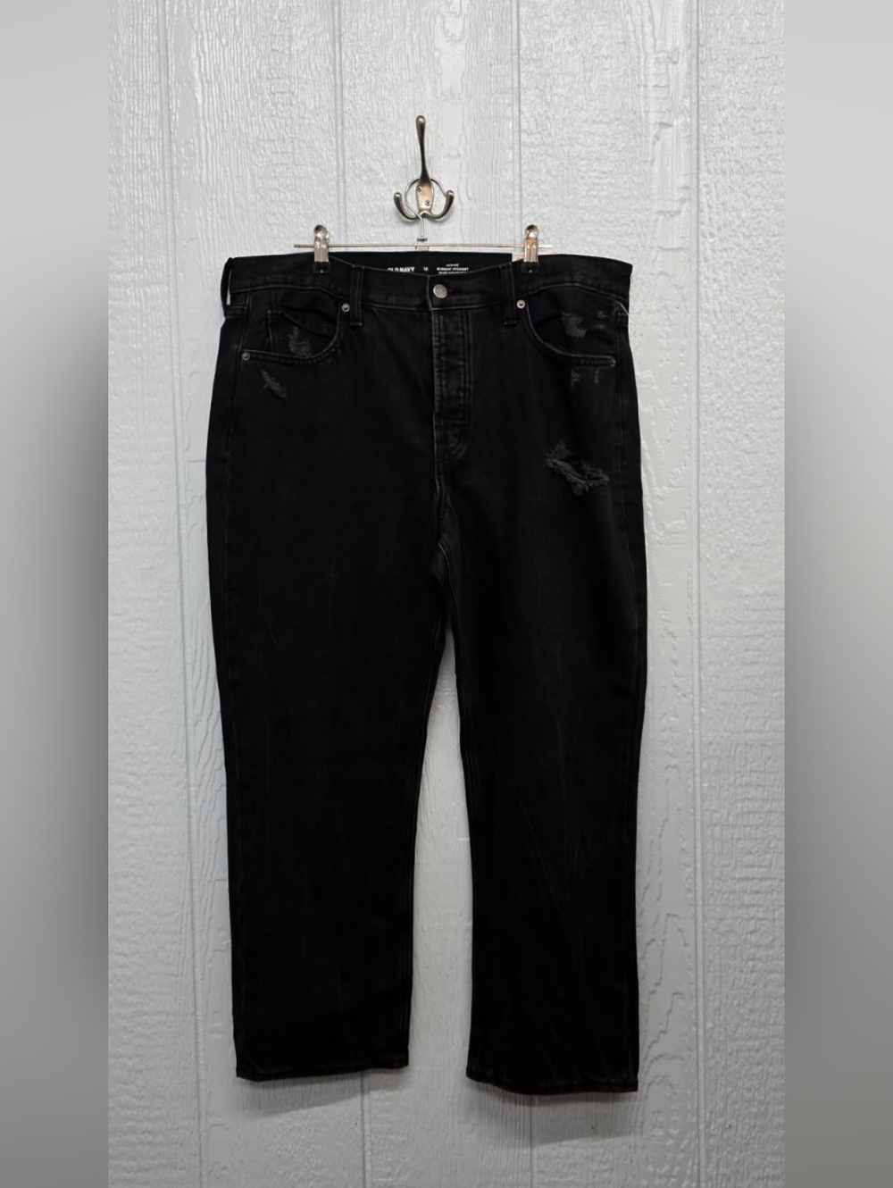 Womens Size 12 Black Distressed Jeans - High Rise Slouchy Straight Old Navy
